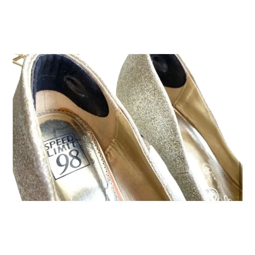 Womens Speed Limit 98 Gold Shimmer Glitter Open Toe Pumps Heels  - Sz 8